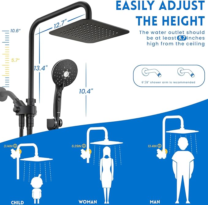 Ryamen Dual Shower Head Combo, 8'' High Pressure Rain Shower Head with Handheld Spray, 6 Settings Handheld Showerhead, 15" Height Adjustable Slide Bar, Angle Adjustable, Matte Black