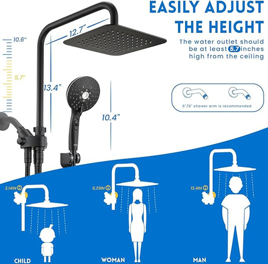 Ryamen Dual Shower Head Combo, 8'' High Pressure Rain Shower Head with Handheld Spray, 6 Settings Handheld Showerhead, 15" Height Adjustable Slide Bar, Angle Adjustable, Matte Black
