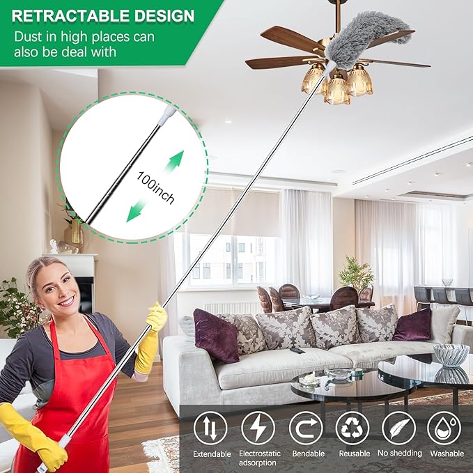 100" Extra-Long Microfiber Feather Duster, Extendable Pole Dusters, Telescoping Cobweb Duster for Cleaning, Bendable and Washable Microfiber Head, Cleaner for High Ceiling, Fan, Furniture