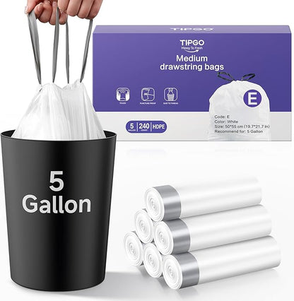 TIPGO 5 Gallon Trash Bags Drawstring, Pre-Cut Strong Wastebasket Bin Liners, White Garbage Bags for Home, Office, Bathroom (Code E, 240 Count)