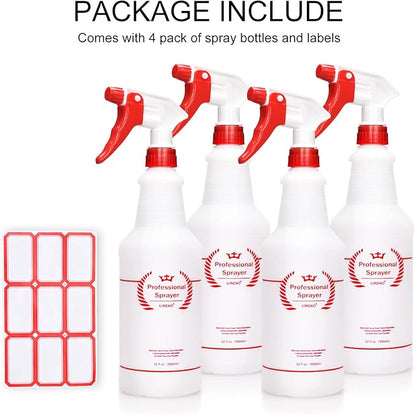 Uineko Plastic Spray Bottle (4 Pack, 32 Oz, All-Purpose) Heavy Duty Spraying Bottles Leak Proof Mist Empty Water Bottle for Cleaning Solution Planting Pet with Adjustable Nozzle and Measurements
