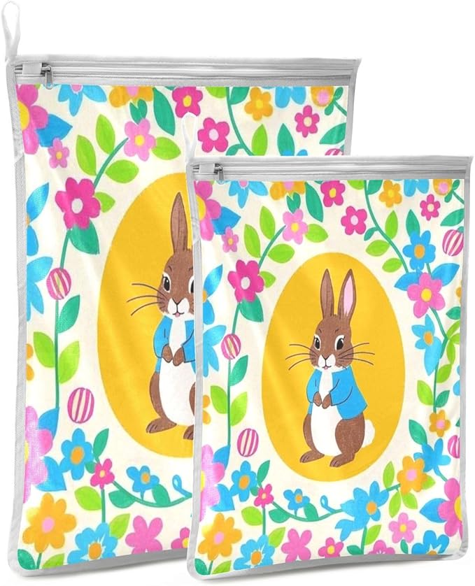 Mesh Laundry Bags Lingerie Bags for Washing Delicates 2 PCS Durable Wash Bag with Zipper Small and Medium Washable Bright Colorful Easter Eggs
