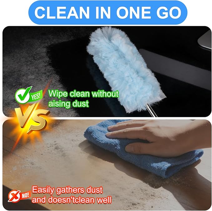 ITTAR 30 Count Duster Refills Kit with Extension Pole, Microfiber Feather Duster for Cleaning Ceiling Fan, Blinds, Furniture, Vents & Shelves - Blue