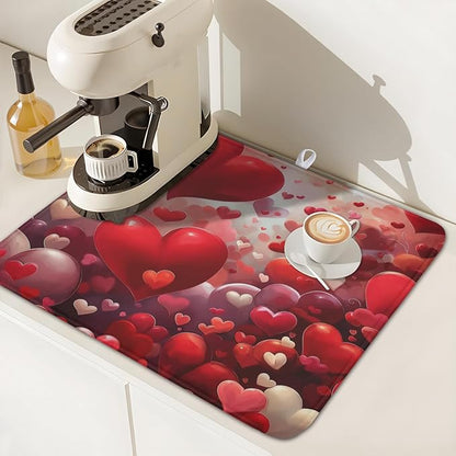 Valentines Day Dish Drying Mat for Kitchen Counter 18x16 Inch Red Heart Drying Mat with Absorbent Reversible Microfiber Holiday Love Dish Drainer Mats Rack Pad for Coffee Countertop Protector