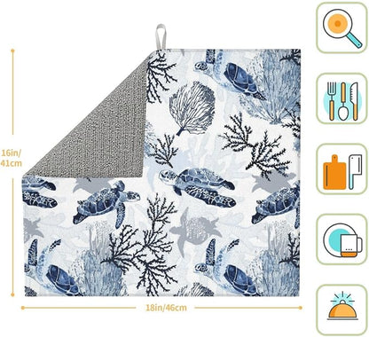 Nautical Blue White Sea Turtle & Coral Dish Drying Mats for Kitchen Counter 16 x 18 Inch, Decorative Navy Blue Dishes Pad Dish Drainer Rack Mats, Foldable Microfiber Washable Absorbent, Kitchen Decor