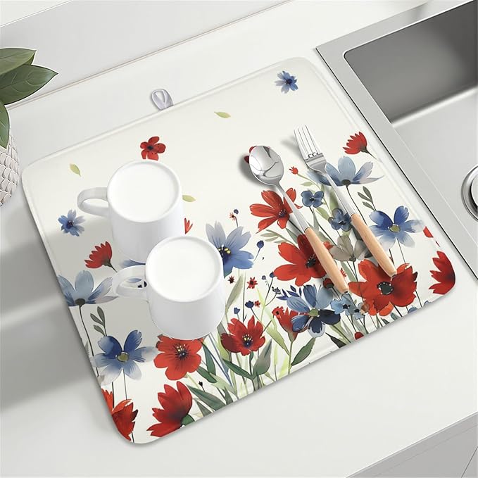4th of July Floral Dish Drying Mat for Kitchen Counter 16 x 18 Inch Patriotic Dish Drainer Mat Absorbent Microfiber Independece Day Dish Rack Pad for Coffee Dining Bar Decor