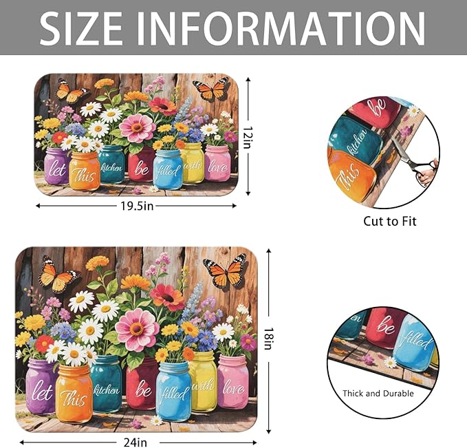 Dish Drying Mat for Kitchen Counter 2 Pack with Non-Slip Rubber Backing - Heat-Resistant Absorbent Coffee Bar Mat, Dish Rack Mat, Farmhouse Floral Wooden Board Dish Drying Mats 18x24+19.5x12 inch