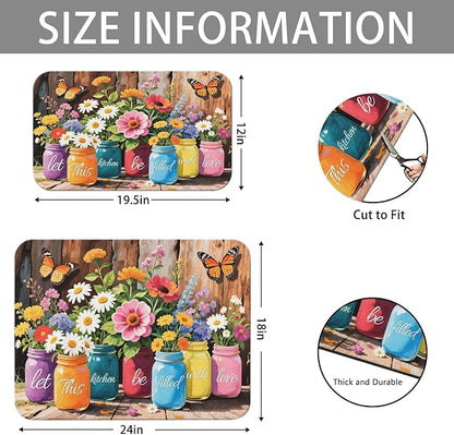 Dish Drying Mat for Kitchen Counter 2 Pack with Non-Slip Rubber Backing - Heat-Resistant Absorbent Coffee Bar Mat, Dish Rack Mat, Farmhouse Floral Wooden Board Dish Drying Mats 18x24+19.5x12 inch