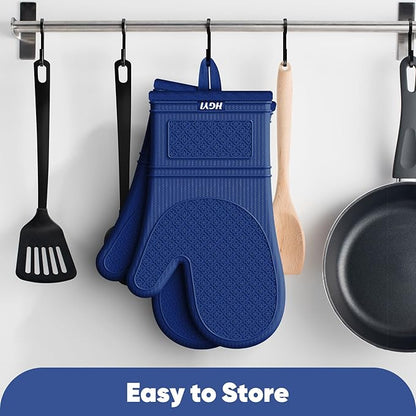 Silicone Oven Mitts, Heat Resistant Oven Gloves with Quilted Liner, Waterproof & Non-Slip Kitchen Mittens for Baking Cooking BBQ, 500°F, 12.5"-Madnight Blue