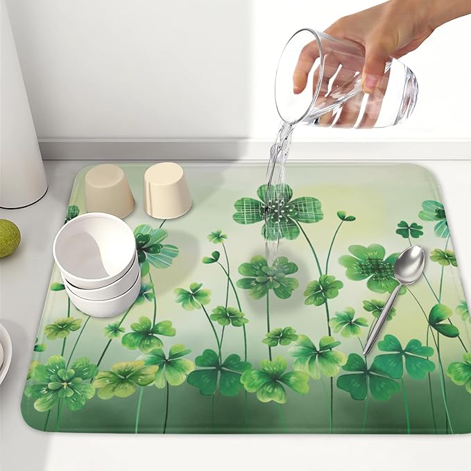 St Patrick's Day Dish Drying Mat for Kitchen Counter Green Lucky Shamrock Pattern Drying Mat 16x18 Inch Spring Holiday Absorbent Dish Drainer Mat Kitchen Accessories
