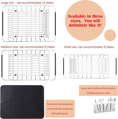 NiuYichee Stainless Steel Dish Drying Rack(15"L x 8.3"W x 4.2"D), Expandable Fruit & Vegetable Drain Rack over Sink, Dish Drainer Rack in Sink, with Stainless Steel Utensil Holder & 16" Silicone Mat