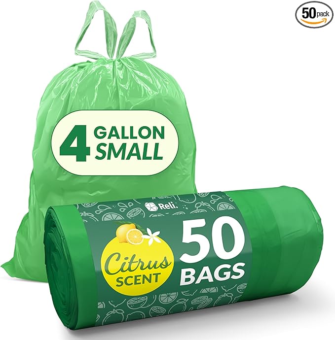 Reli. 4 Gallon Trash Bags Drawstring (50 Count) | Citrus Scented Small Trash Bags | Garbage Liners for Bathroom Can | 2 Gal - 3 Gallon - 4 Gal Small Can Liners (Green)