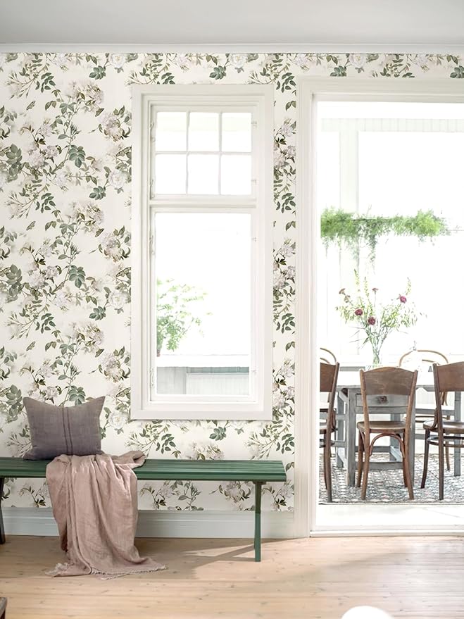 Wudnaye Vintage Floral Peel and Stick Wallpaper Beige Flower Contact Paper16.9’’×393’’Green Leaf Self Adhesive Removable Wallpaper Floral Rose Wall Paper Waterproof for Bathroom Bedroom Cabinets Decor