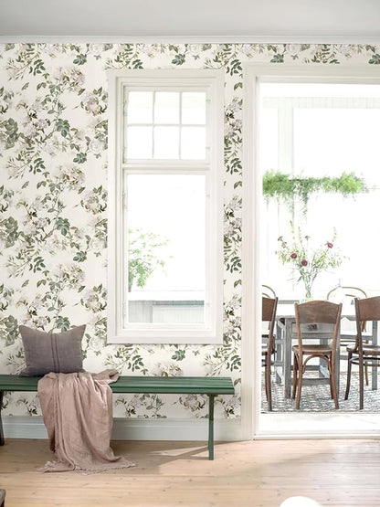 Wudnaye Vintage Floral Peel and Stick Wallpaper Beige Flower Contact Paper16.9’’×196’’Green Leaf Self Adhesive Removable Wallpaper Floral Rose Wall Paper Waterproof for Bathroom Bedroom Cabinets Decor