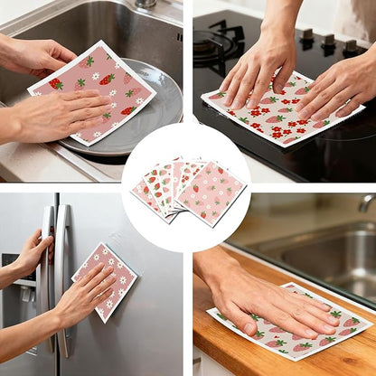 Reusable Swedish Kitchen Dish Cloths, 6 Pack Pink Strawberry Floral Swedish Dishcloths, Absorbent Fast Drying Sponge Cleaning Cloths Towels Wipes for Kitchen Cooking Home Decoration
