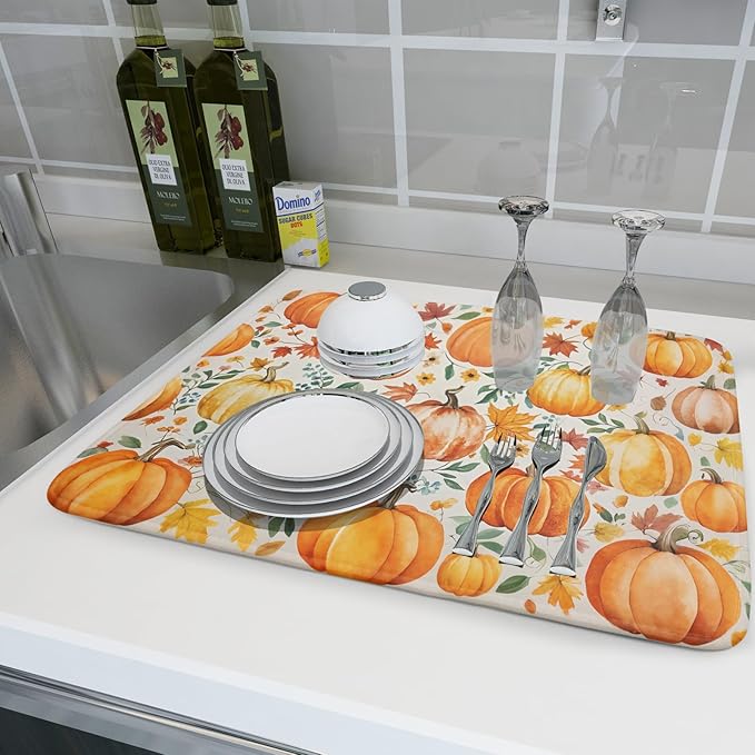 Fall Pumpkin Thanksgiving Dish Drying Mat for Kitchen Counter 18x24 Autumn Leaves Harvest Theme Absorbent Reversible Microfiber Drying Mats Kitchen Countertop Protector Dishes Drainer Pad