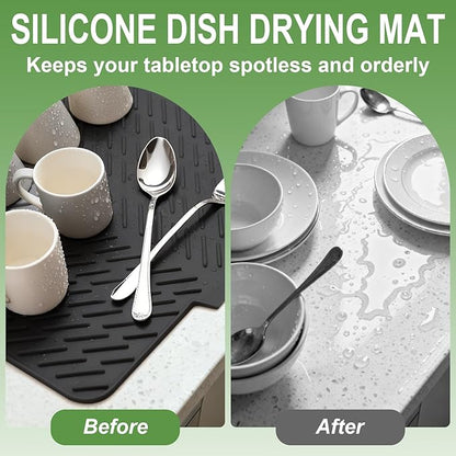 Silicone Drying Mat, 23"X17" With Built-in Drain Lip,Heat-Resistant,Eco-friendly,Hygienic Drying Pad,Leak-Proof and Non-Slip,Silicone Dish Drying Mat for Kitchen Counter or Sink（Black 23X17）