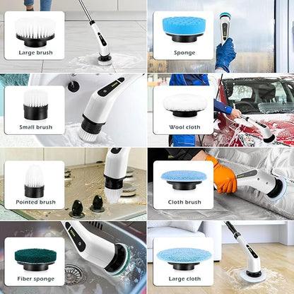 Electric Spin Scrubber, Cordless Cleaning Brush Scrubber for Home, 8 Replaceable Brush Heads, 3 Adjustable Size, 2 Speeds for Bathroom Shower Bathtub Glass Car