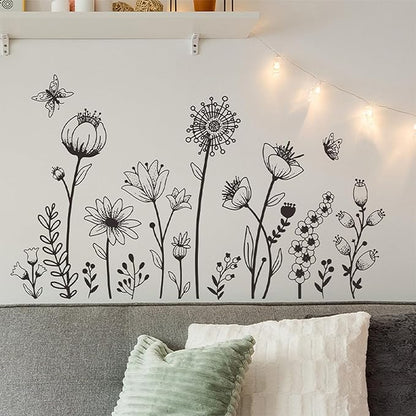 Black Boho Wall Decal Simple Sketch Flower Wall Stickers, Floral Wildflower Sticker Dandelion Peel Stick Wall Art Decor Bedroom Home Room Office Garden Hall Adult Gifts for Mom