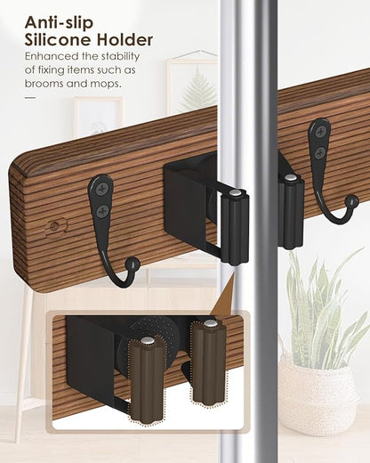 Broom Holder Wall Mounted, 4 Holders and 4 Hooks Mop Holder, Wooden Mop and Broom Holder with Anti slip rubber, Natural pine wood Brush Holder, Mop Wall Holde with Nail installation, Room Storage