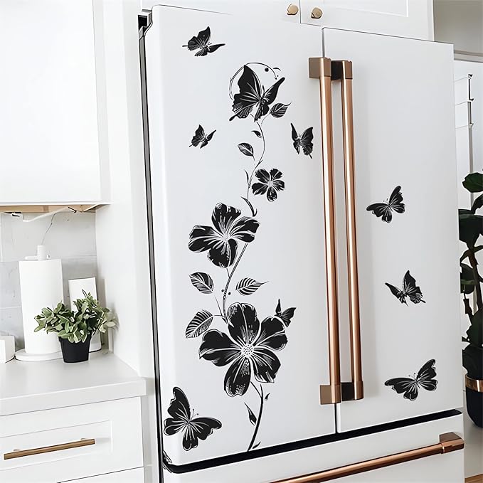 Black Flower Butterfly Vine Wall Stickers, sacinora Simplicity Floral Art Wall Decals Removable Vinyl Peel and Stick for Bedroom Kitchen Cabinet Nursery Home Decorations