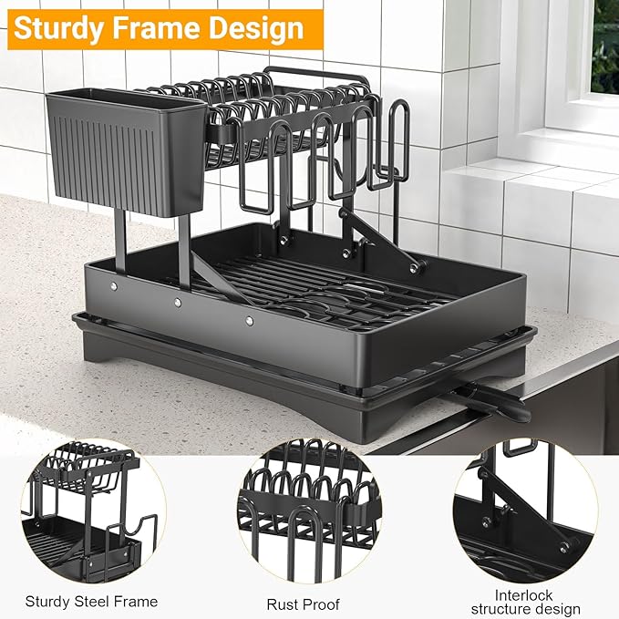 Large Dish Drying Rack 2 Tier for Kitchen Counter, Anti-Rust Metal Dish Rack with Lock & Lift System & Retractable Auto-Drain Spout, Escurridor de Platos with Cutting Board and Utensil Holder