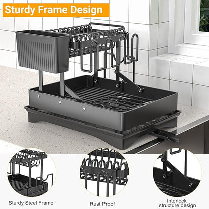 Large Dish Drying Rack 2 Tier for Kitchen Counter, Anti-Rust Metal Dish Rack with Lock & Lift System & Retractable Auto-Drain Spout, Escurridor de Platos with Cutting Board and Utensil Holder