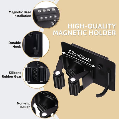 4pcs Magnetic Broom Holder Wall Mount, 12.13lbs Heavy Duty Mop and Broom Organizer, No Drill Tool Gripper for Garage Home Office Tool Organizer, RV & Living Room Essential (Black)