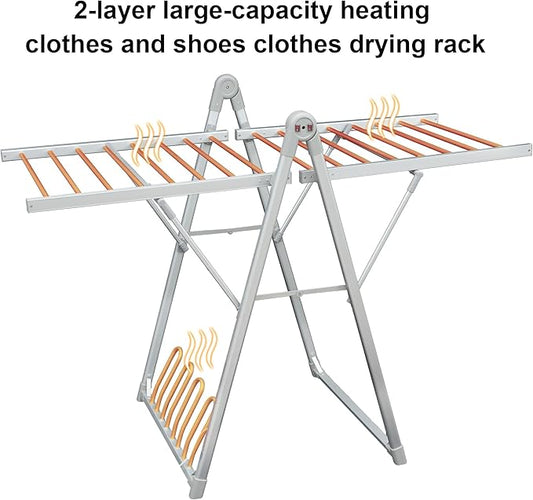 Electric Heating Clothes Drying Rack,Foldable Clothes Drying Rack,Suitable for Drying Clothes, Shoes and Socks.Plug & Play,Silvery Gray,Aluminum Alloy,One-Click Switch(39.37×52.56×25.98in)