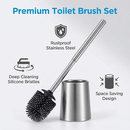 SUS304 Stainless Steel Toilet Brush and Holder Set Toilet Brush Case Cleaner for Toilet Bowl Bathroom Cleaning Brush Caddy Cepillo de Baño wih Oily Coating Brushed Stainless Silver
