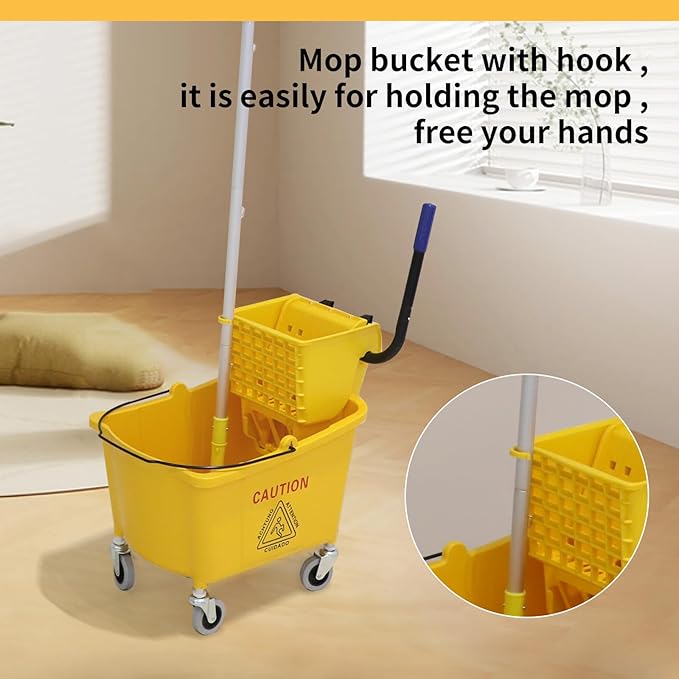 35 Quarts Commercial Mop Bucket Set with Side-Press Wringer for Floor Cleaning, Yellow, Including One Commercial Mop