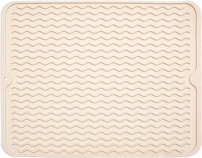 Large 24" x 18" Silicone Dish Drying Mat for Kitchen Counter, Easy clean, Quick Dry, Heat-resistant Dish Drainer Mat for Sink,Refrigerator or Drawer liner (Food Grade Silicone-Beige)