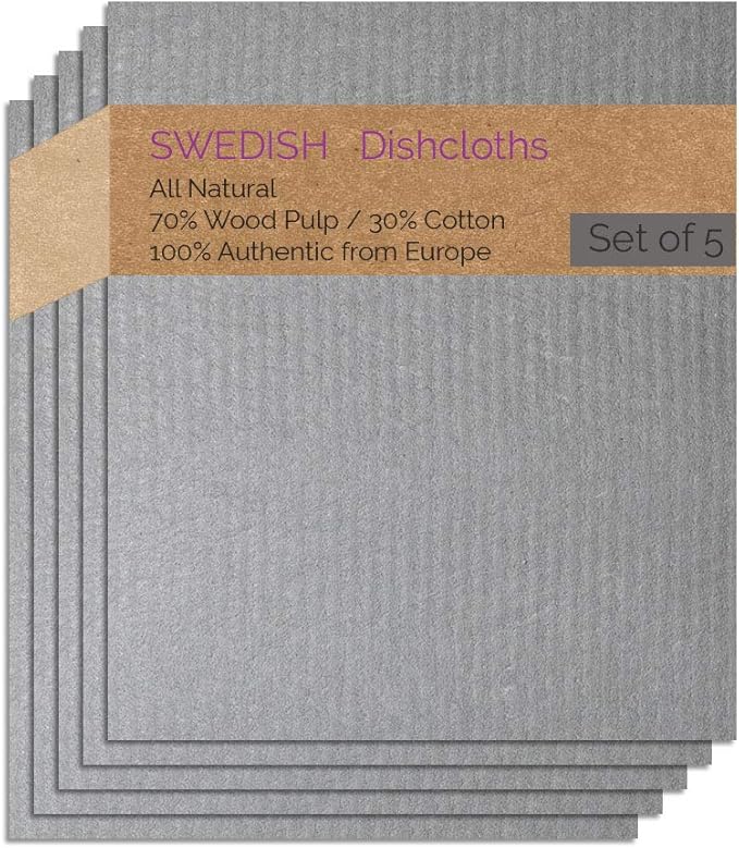 SWEDEdishcloths - Cellulose Sponge Dish Towels - Set of 5 (Gray) Swedish Dish Cloths