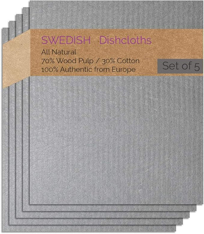 SWEDEdishcloths - Cellulose Sponge Dish Towels - Set of 5 (Gray) Swedish Dish Cloths
