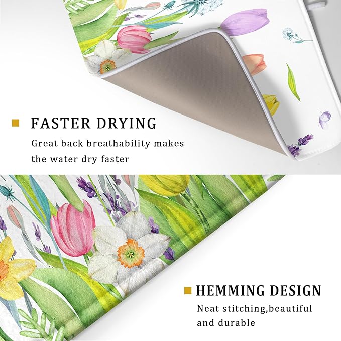 Aportt Spring Floral Dish Drying Mat With Absorbent Reversible Microfiber Watercolor Tulip Lavender Flower Drying Mats 18 x 24 Inch Dish Drainer Mat Fast Dry For Kitchen Dining Room