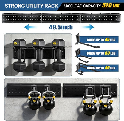 49.5'' Garage Tool Organizer Wall Mount 17PCS, 520lbs Heavy Duty Garden Tool Organizer with 14 Adjustable Hooks, Yard Tool Hanger for Shovel Rake Broom Ladder, Garage Wall Organization, Men Gift