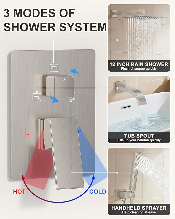 Brushed Nickel Shower System with Tub Spout, Wall Mounted Bathtub Shower Faucet Set, 12" Rainfall Shower Head and Handheld Shower Combo, High Pressure Shower Fixtures Set with Rough-in Valve
