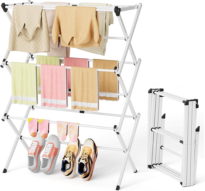 BAKON Clothes-Drying-Rack-Foldable for Small Space, Laundry-Drying Rack Collapsible for Hanging Clothes, Metal Clothing Dry Rack Suit for Indoor & Outdoor, Dorm Room, Apartments, RV, White
