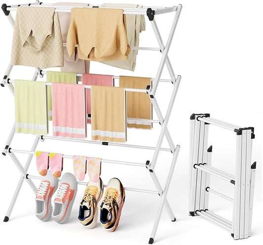 BAKON Clothes-Drying-Rack-Foldable for Small Space, Laundry-Drying Rack Collapsible for Hanging Clothes, Metal Clothing Dry Rack Suit for Indoor & Outdoor, Dorm Room, Apartments, RV, White