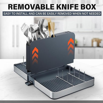 Foldable Dish Drainer Rack with Removable Cutlery Holder Stainless-Steel Dish Drying Rack with Dual Parts, Space-Saving Dish Rack, Rustproof Utensil Drainer for Kitchen Counter, Gray/Steel
