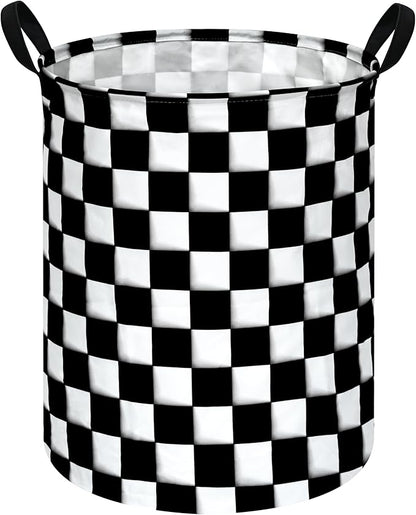 KUNRO Round Black-white Checker Laundry Gift Basket Storage Hamper, Clothes Storage Organizer Bins, Shelf Basket with Handles for Room Decor