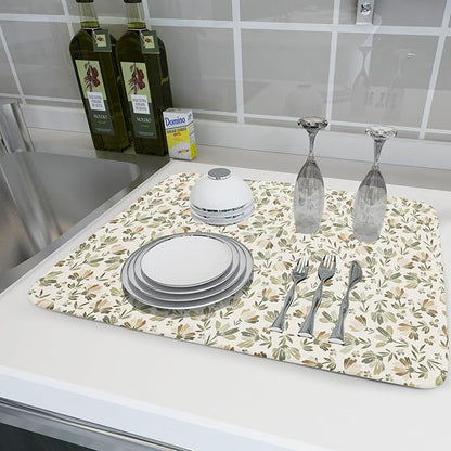 Spring Summer Daisy Floral Leaf Dish Drying Pad 18 x 24 Inch With Absorbent Reversible Microfiber Green Brown Leaves Flowers Drying Mats Dish Drainer Mat Fast Dry For Kitchen Dining Room Decoration