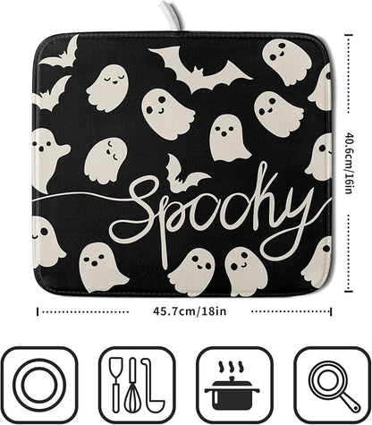 Halloween Dish Drying Mat for Kitchen Counter 16x18 Cute Ghost Black Spooky Holiday Scary Theme Absorbent Reversible Microfiber Drying Mats Kitchen Countertop Protector Dishes Drainer Pad