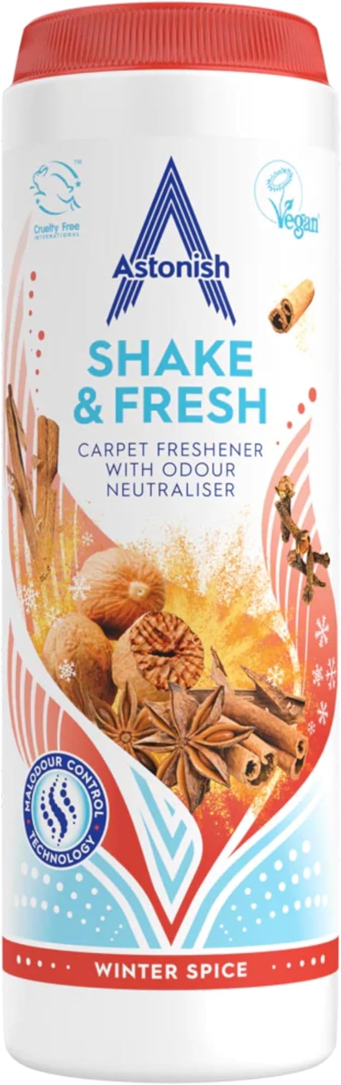Astonish Shake & Fresh Carpet Freshener Winter Spice Scent with Malodour Control Technology - Deep Odor Neutralizer, Long-Lasting Fragrance Powder for Dry Carpets, Easy Shake Vacuum Application