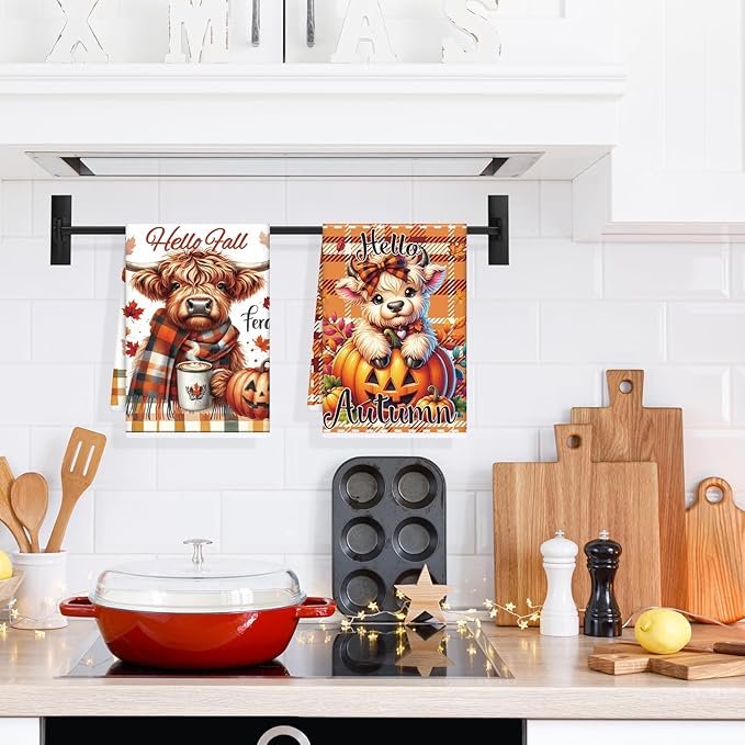 Highland Cow Fall Kitchen Towels, 6PCS Hey Fall Dish Towels Pumpkin Maple Leaf for Cooking Cleaning, Thanksgiving Autumn Decorative Tea Towel for Home Kitchen Bathroom(16 X 24 Inches)