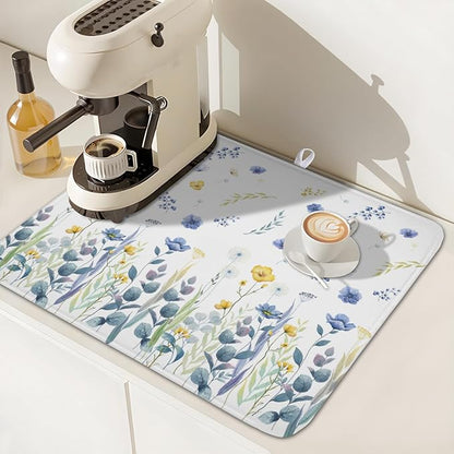 Floral Dish Drying Mat for Kitchen Counter 18x16 Inch Yellow Purple Flower Drying Mat with Absorbent Reversible Microfiber Season Spring Dish Drainer Mats Rack Pad for Coffee Countertop Protector