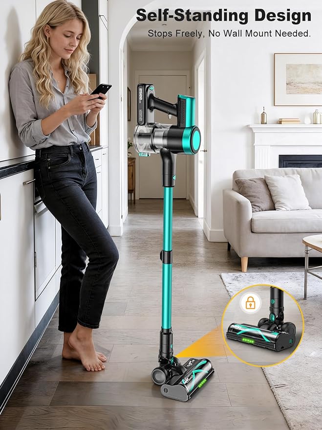 Cordless Vacuum Cleaner,58kPa/10-in-1 Stick Vacuum with 29-inch Hose and LED Lighting Brush,50Mins Runtime Vacuum Cleaner for Home,Self-Standing Vacuum with Anti-Tangle Brush for Pet Hair/Carpet/Floor