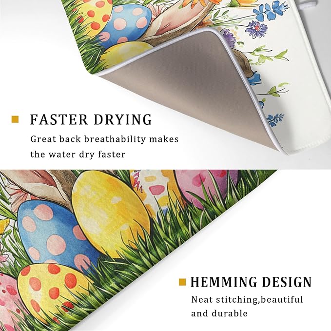 Easter Colorful Bunny Egg Flowers Dish Drying Mat 18 x 24 Inch Absorbent Reversible Microfiber Spring Butterfly Floral Rabbit Holiday Drying Mats Fast Dry Pad Draining Mat For Kitchen Countertop