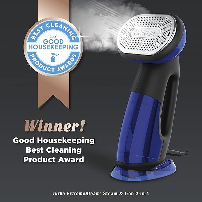 Conair 2-in-1 Handheld Steamer and Iron for Clothes,Turbo ExtremeSteam 1875W Garment Steamer and Clothing Iron,Black/Blue,(Pack of 2)