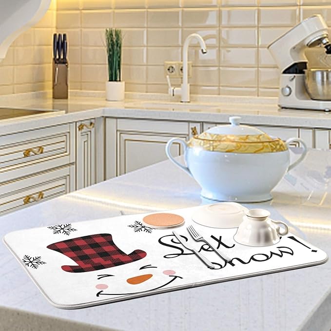 Super Absorbent Dish Drying Mat, Microfiber Fast-Drying Dish Mat, 24" x 18", Kitchen Dish Drying Pad, Watercolor Cute Christmas Winter Snowman